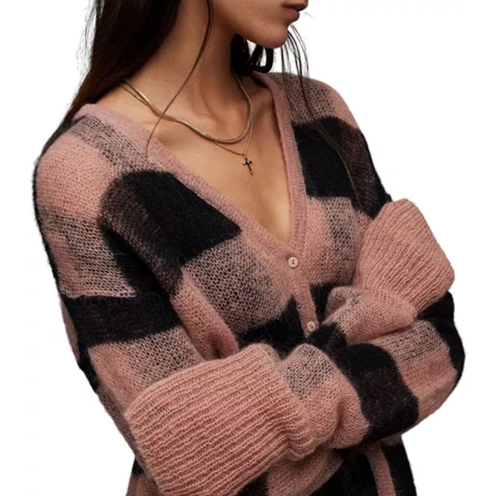 ALLSAINTS Renee V-neck Checked Wool Mohair-blend Cardigan Size Small - Picture 4 of 13